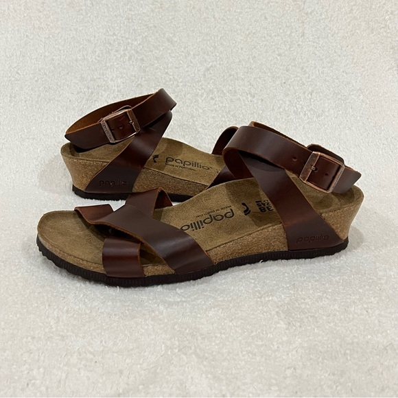 Papillio By BIRKENSTOCK Lola Leather Wedge Sandal Women EU 38 Cognac Brown - Picture 8 of 16